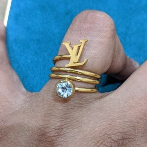 Gold Designer LV Initial Rhinestone Fashion Ring Adjustable